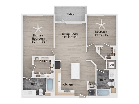 Floor plan for 2 beds, 2 baths, 1122 sqft